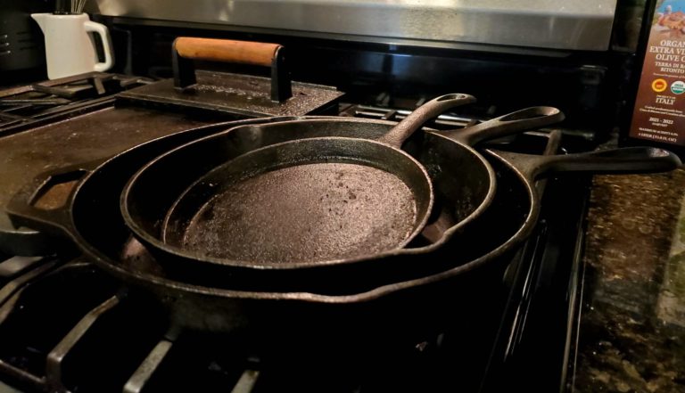 Cast iron pans on top of gas range